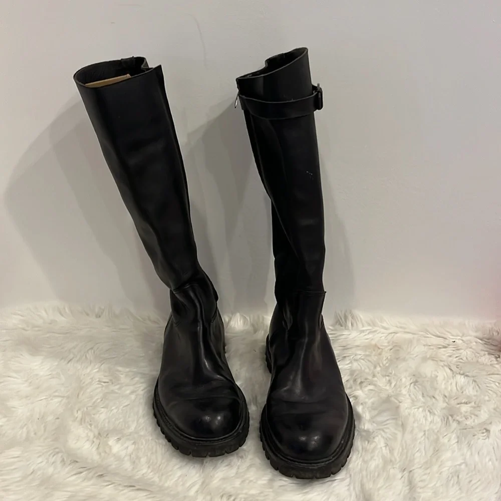 Sergio Rossi Tall Black Leather Zipper Pull On Boots Men Made in Italy Size 10